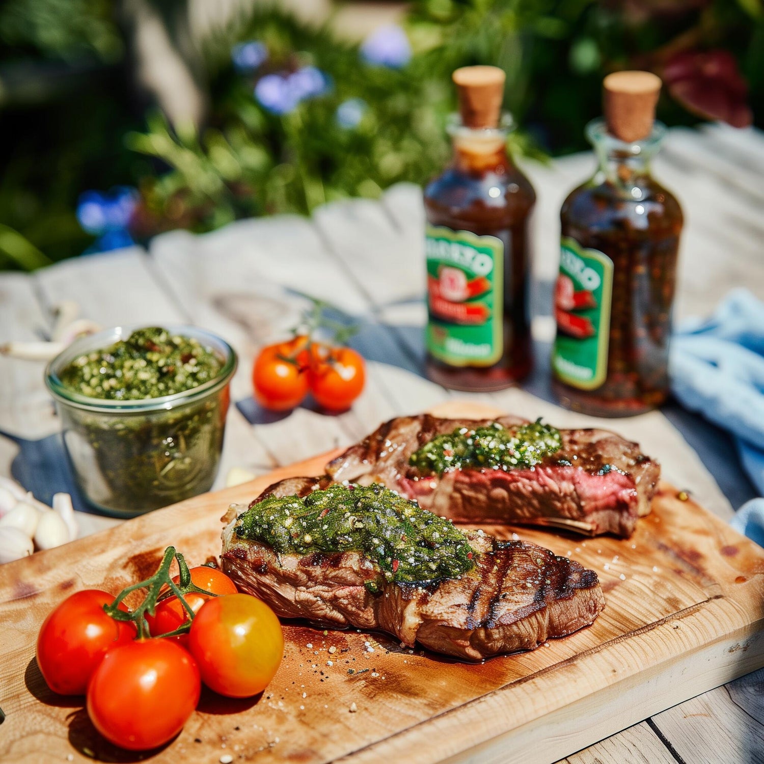 Grilled steaks topped with green sauce and cherry tomatoes, accompanied by two bottles of chili oil on a wooden board outdoors.