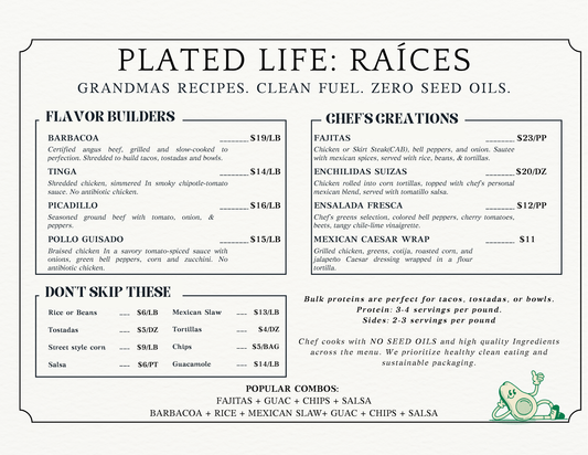 Plated Life Catering – Raíces Menu